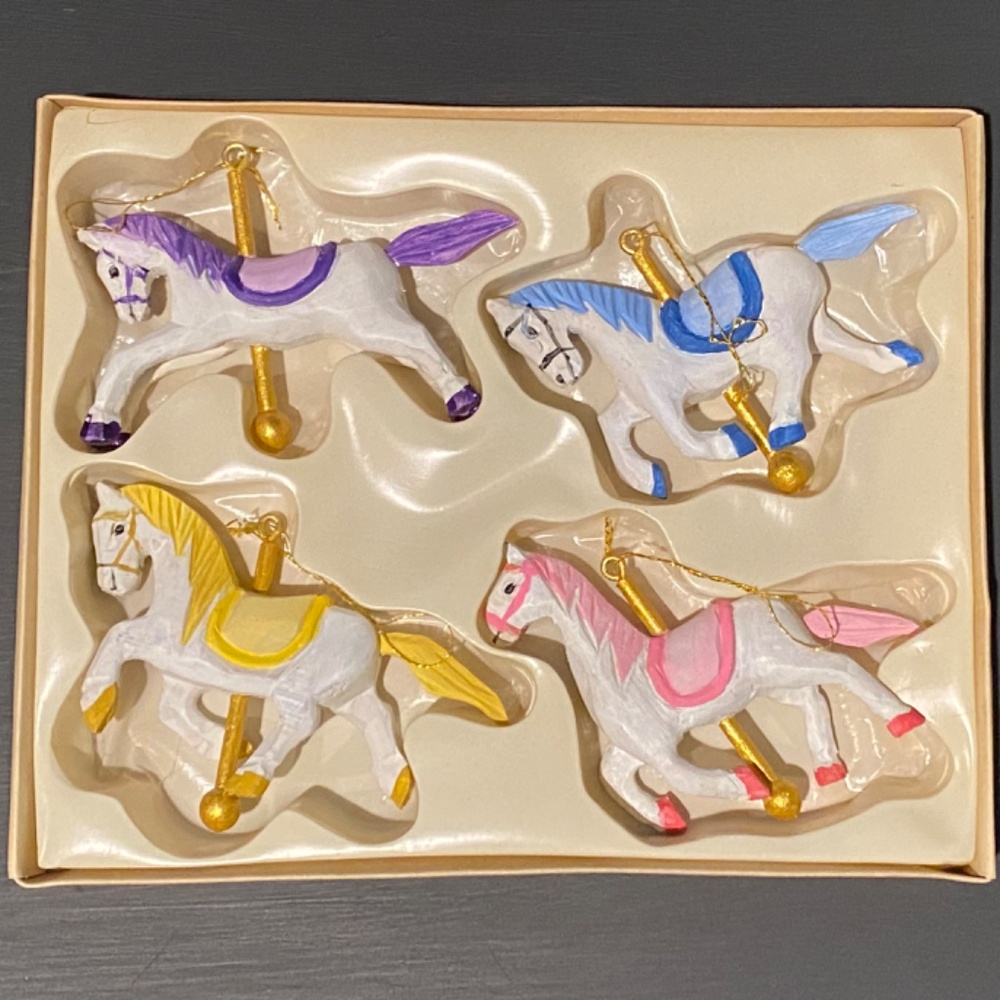 4 Carousel Horse Ornaments, Wood & Hand Painted, 13" Wire Stand, Nursery or Tree - Picture 11 of 16